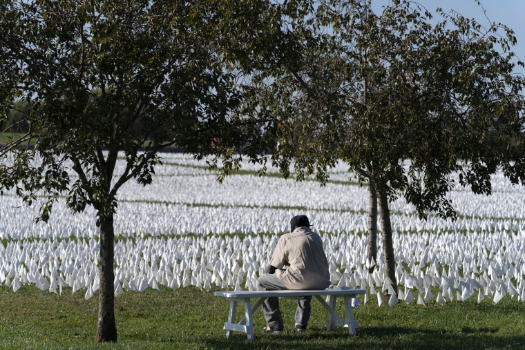 Instalación artística de banderas blancas para conmemorar a los fallecidos por el COVID-19 en Washington el 2 de octubre de 2021