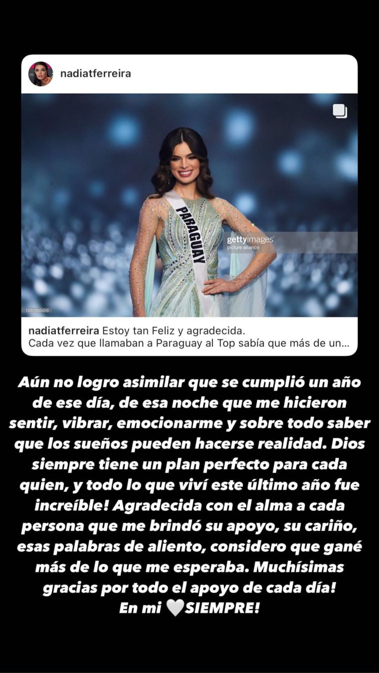 Nadia Ferreira comparte una importante reflexión de sobre su paso por Miss Universo 