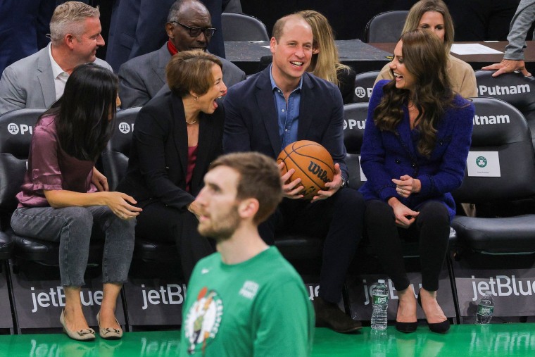 Mayor of Boston Michelle Wu, Governor-elect Maura Healey, Prince William and Catherine, Princess of Wales, at the Celtics game.