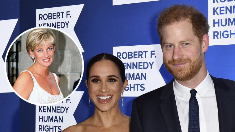 Princesa Diana, en Londres a mediados de los noventa; Meghan Markle y príncipe Harry en premios Robert F. Kennedy Human Rights, 2022.