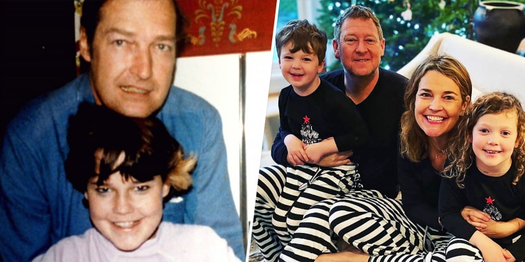 Savannah Guthrie as a child with her dad, Charles, left; and with her husband Mike and two children, Vale and Charley (who is named after her dad).