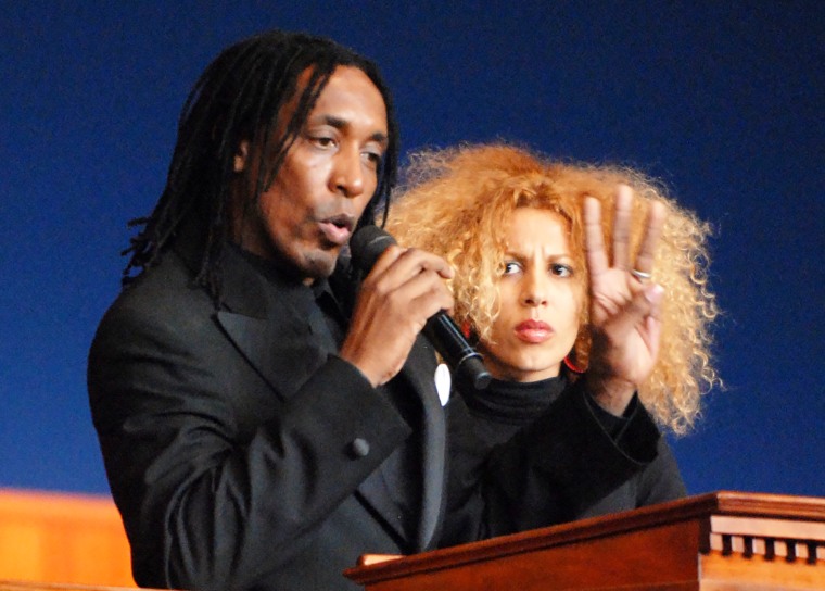 Ronald (Ronnie) Turner, son of Ike and Tina Turner, speaks to the congregation with his wife at his side