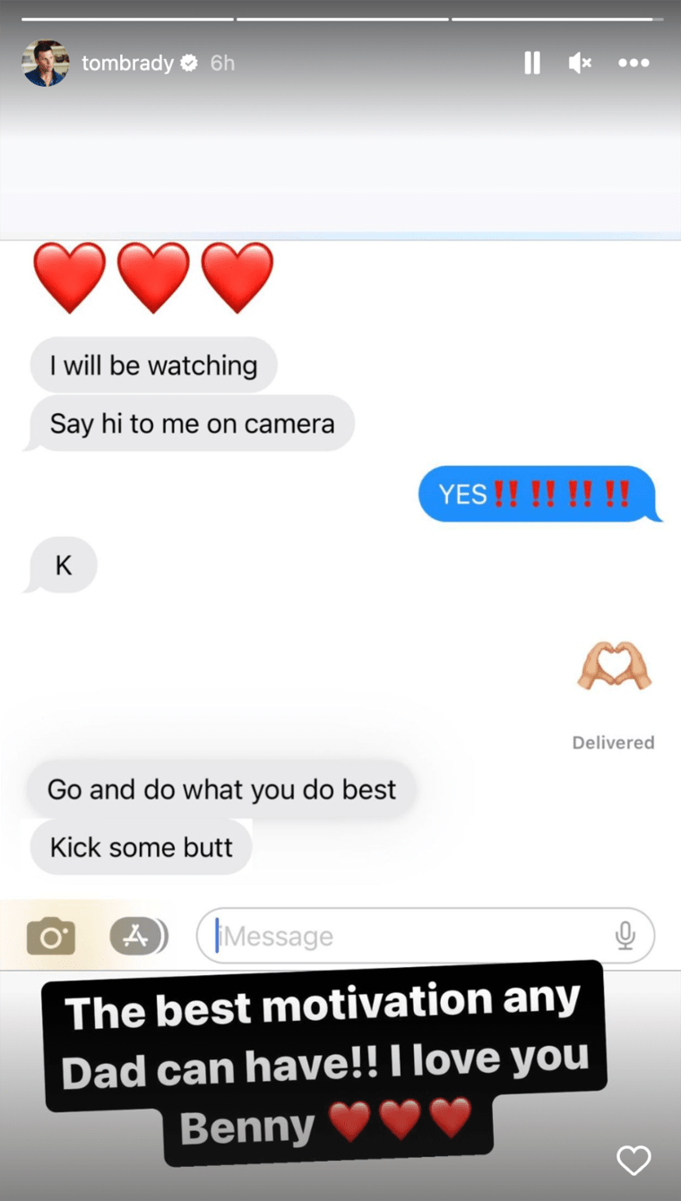 Brady posted this text exchange he had with son Benjamin on his Instagram stories.