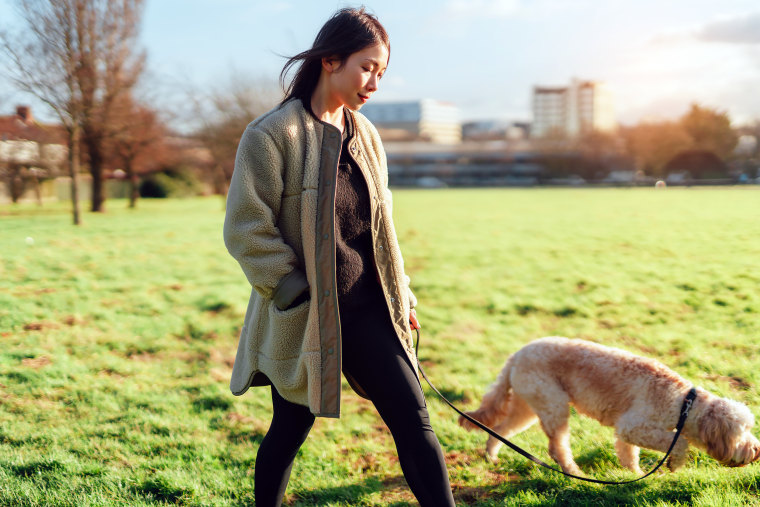 Young Asian woman walking her dog in the park on a sunny day.