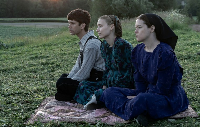 Ben Whishaw as August, Rooney Mara as Ona, and Claire Foy as Salome in "Women Talking" directing by Sarah Polley.
