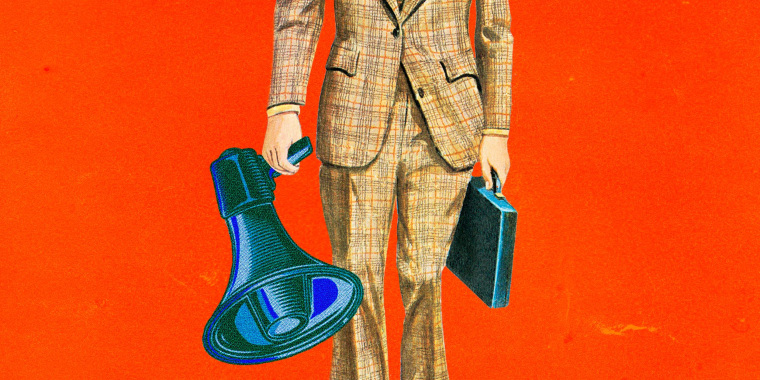 Photo Illustration: A man holding a briefcase in one hand and a megaphone in the other