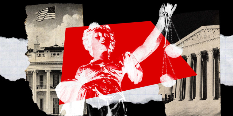Photo Illustration: A collage of the White House, a Lady Justice statue, and the Supreme Court