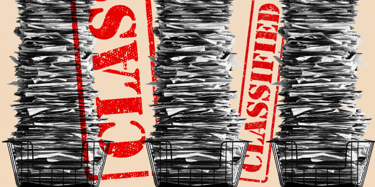 Photo Illustration: 3 stacks of documents overlaid with the works "Classified"