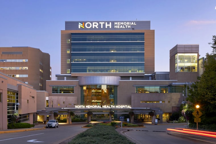 Entrance of North Memorial Health Hospital in Minnesota.