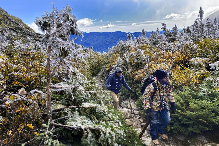 Hikers near Tuckerman Ravine on Mount Washington in New Hampshire on Sept. 24, 2022.
