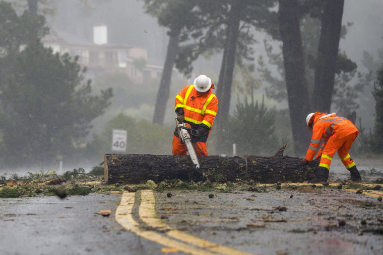 CalTrans workers clear a downed tree blocking traffic in both lanes of state Highway 68 in Monterey, Calif., on Dec. 31, 2022. 