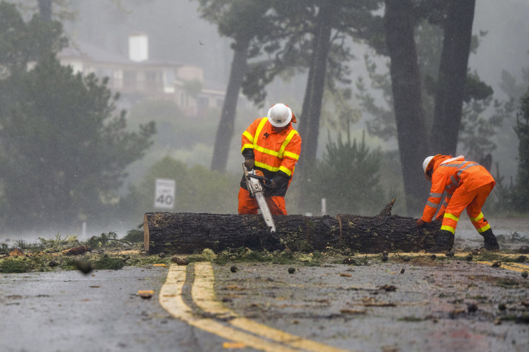 CalTrans workers clear a fallen tree blocking traffic on both lanes of State Route 68 in Monterey, California, December 31, 2022. 