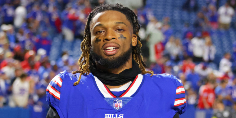 ORCHARD PARK, NY - SEPTEMBER 19: Damar Hamlin #3 of the Buffalo Bills after a game against the Tennessee Titans at Highmark Stadium on September 19, 2022 in Orchard Park, New York.