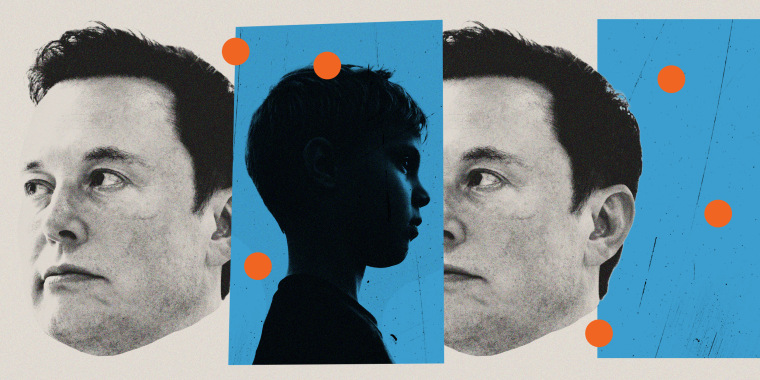 Photo illustration of Elon Musk and a silhouette of a young boy. Scratch marks and orange dots surround the boy.