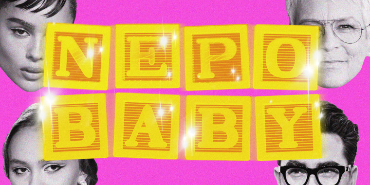 Photo illustration of shiny, golden alphabet blocks spelling "NEPO BABY," with the faces of Zoe Kravitz, Jamie Lee Curtis, Lily Rose-Depp, and Dan Levy.