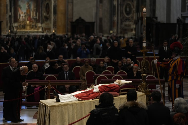The body of late Pope Emeritus Benedict XVI is lied out in state inside St. Peter's Basilica at The Vatican,