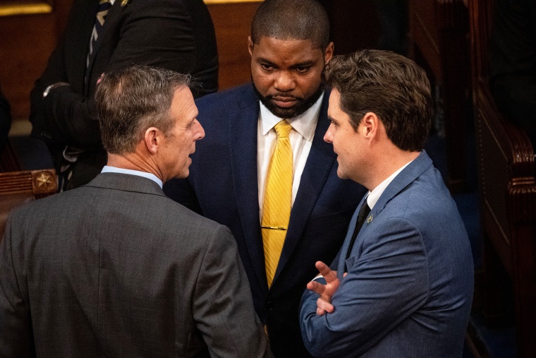 Rep. Scott Perry (R-PA), Rep. Byron Donalds (R-FL) and Rep. Matt Gaetz (R-FL) confer with each other on the floor of the House Chamber of the U.S. Capitol Building on Wednesday, Jan. 4, 2023 in Washington, DC. After three failed attempts to successfully vote for Speaker of the House, the members of the 118th Congress is expected to try again today.