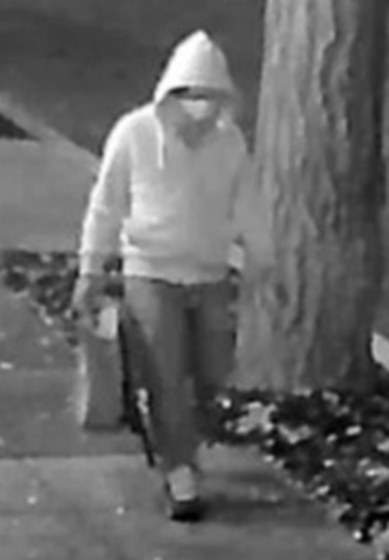 The unknown person wore a mask, glasses, gloves, a gray hooded sweatshirt and Nike Air Max Speed Turf shoes.