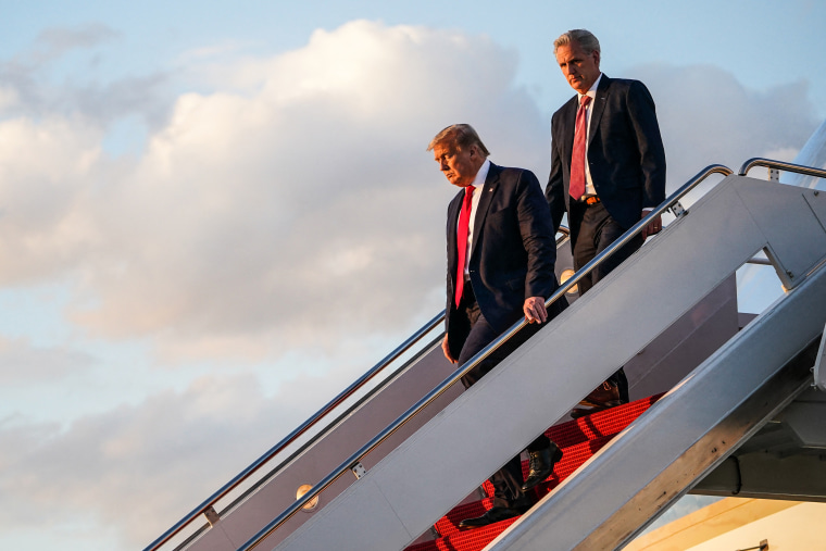 Then-President Donald Trump followed by Rep. Kevin McCarthy, R-Calif., steps off Air Force One after returning from Cape Canaveral on May 30, 2020 at Joint Base Andrews, Md.