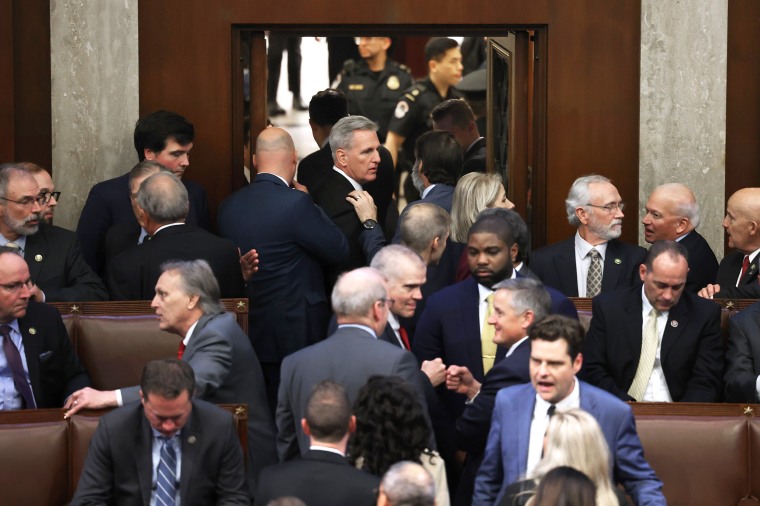 House Republican leader Kevin McCarthy (R-CA) leaves the House Chamber following a day of votes for the new Speaker of the House at the U.S. Capitol on January 04, 2023 in Washington, DC. The House of Representatives will continue to try and elect the next Speaker after House after McCarthy failed to earn more than 218 votes on six ballots over two days, the first time in 100 years that the Speaker was not elected on the first ballot. 