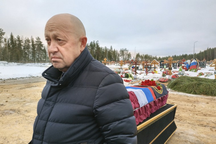Yevgeny Prigozhin at the funeral of Wagner group fighter Dmitry Menshikov, who died during fighting in Ukraine, at a cemetery is St. Petersburg, Russia, on Dec. 24, 2022.