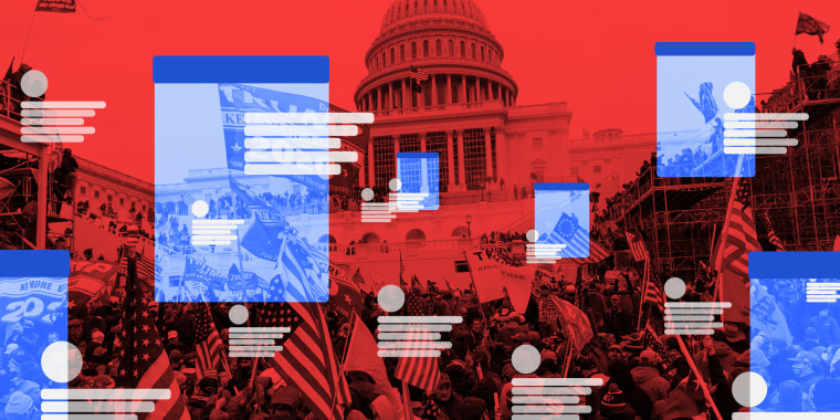 Photo illustration: Multiple blue windows over a red image of the January 6 insurrection at the U.S. Capitol. White blocks of thin rectangles and circles indicating online profiles float over them.