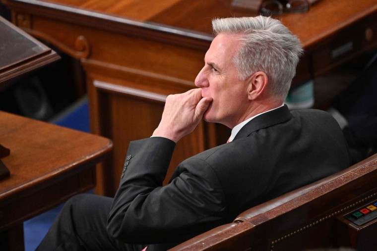 Rep. Kevin McCarthy listens before the House of Representatives votes for a seventh time for a new speaker on Jan, 5, 2023.