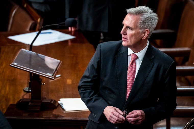 Kevin McCarthy, R-Calif., stands in the House chamber during the 7th failed attempt to elect a speaker in the Capitol on Jan. 5, 2023.