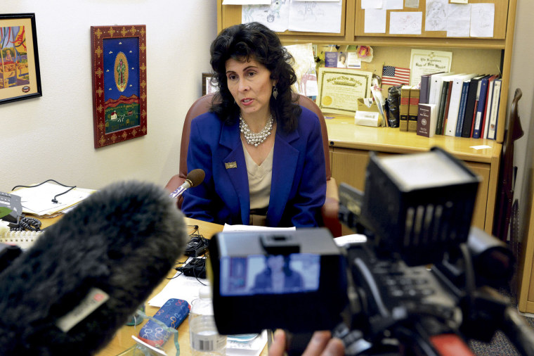 Senator Linda Lopez, an Albuquerque Democrat, said, “People are really worried about losing jobs. We need something now,” Lopez said during a press conference in her office at the New Mexico State Capitol Thursday, Feb. 11, 2016. (Clyde Mueller/Santa Fe New Mexican via AP)