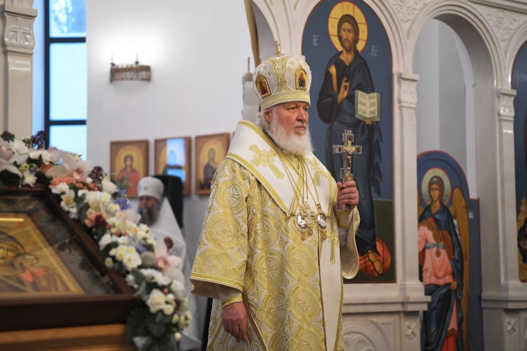 Russian Orthodox Patriarch Kirill conducts a service at the Cathedral of Saint Nicholas of Myra in Moscow, Russia