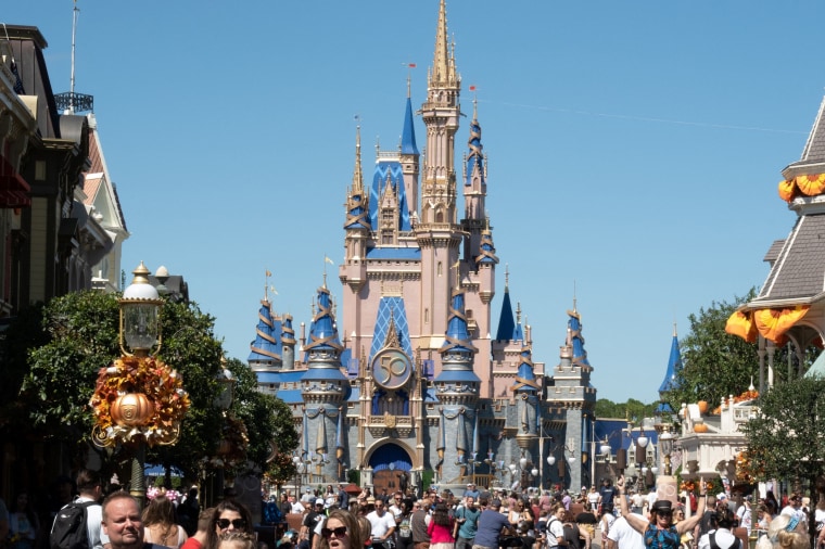 Visitors walk along in The Magic Kingdom at Walt Disney World