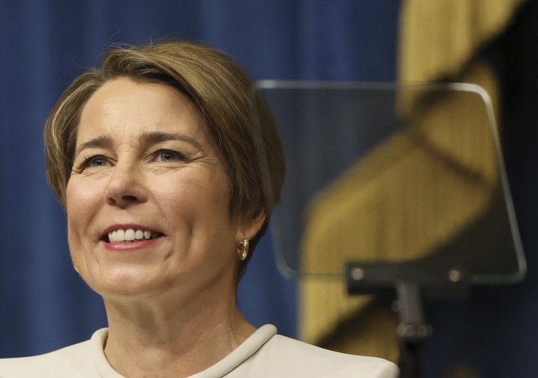Gov. Maura Healey smiles during inauguration ceremonies in the House Chamber at the Statehouse