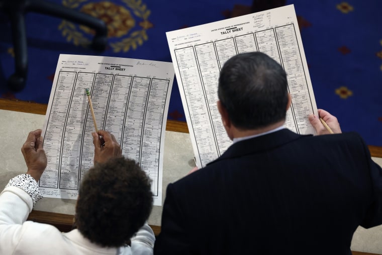 Barbara Lee and Joseph Morelle tally votes in the House Chamber during the third day of elections for Speaker of the House at the U.S. Capitol Building