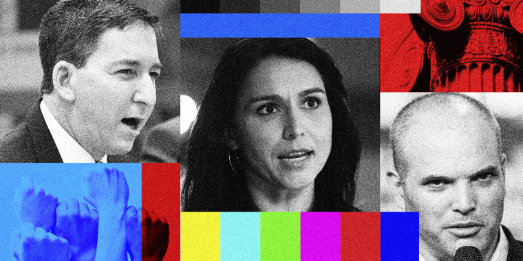 Photo collage: Images of Glenn Greenwald, Tulsi Gabbard and Matt Taibbi amidst images of fists up in the air in protest, details of an architectural column and screen static colors.