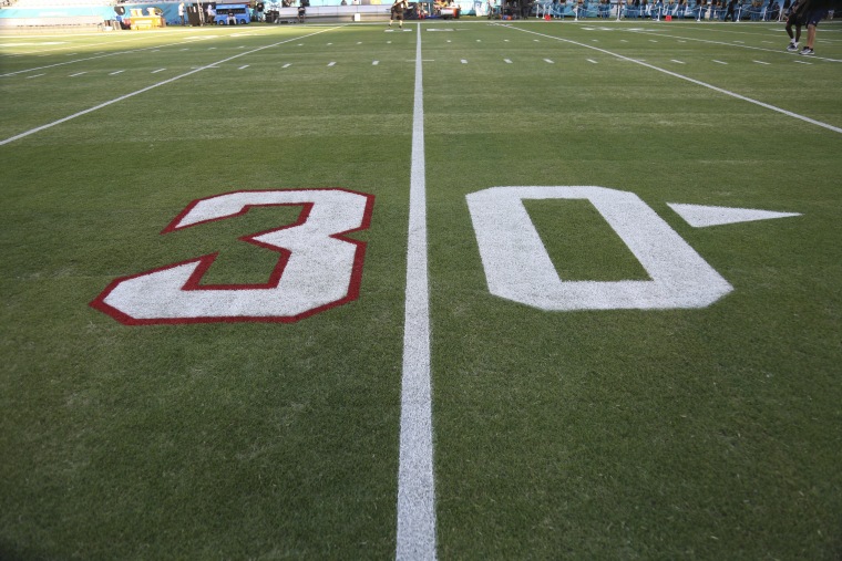 A painted 30-yard line to honor Buffalo Bills safety Damar Hamlin, #3, at TIAA Bank Field in Jacksonville, Fla., on Saturday, Jan. 7, 2023.