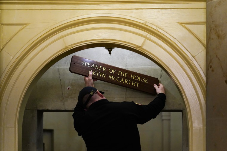 The sign at the office of House Speaker Kevin McCarthy of Calif., is installed on Capitol Hill in Washington, early Saturday, Jan. 7, 2023. (AP Photo/ Matt Rourke)