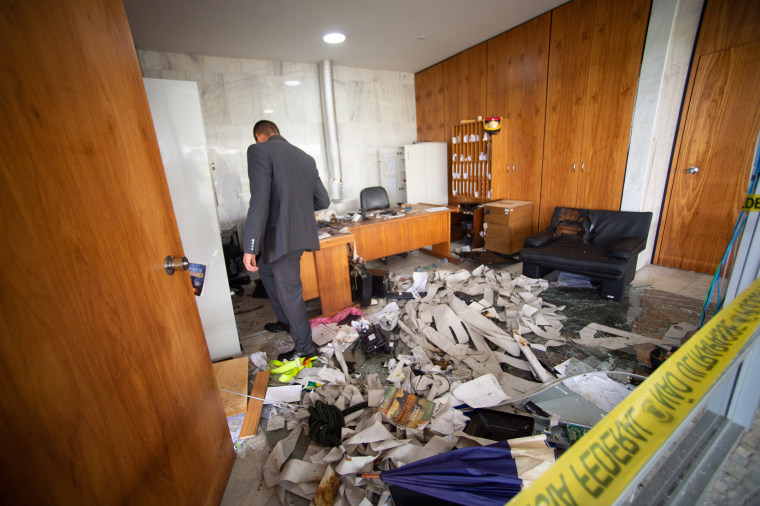 An office destroyed by radical supporters of former President Jair Bolsonaro following a riot the previous day at Planalto Palace in Brasilia, Brazil