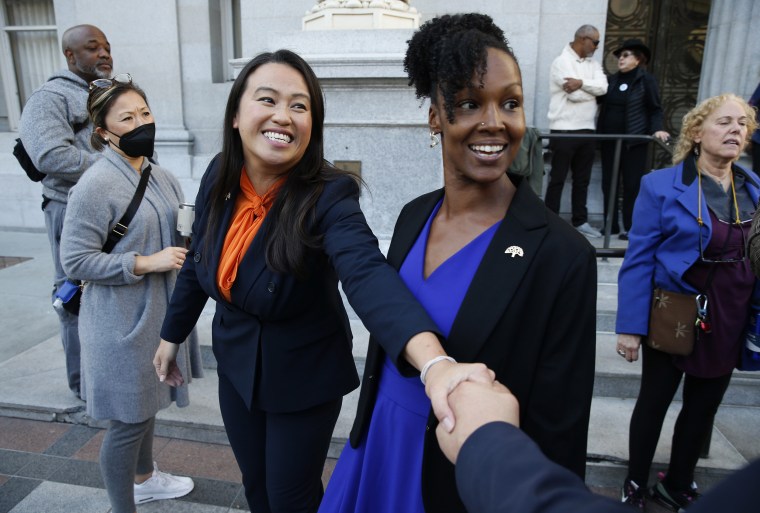 Mayor-elect Sheng Thao is greeted by supporters following a news conference at City Hall in downtown Oakland, Calif.
