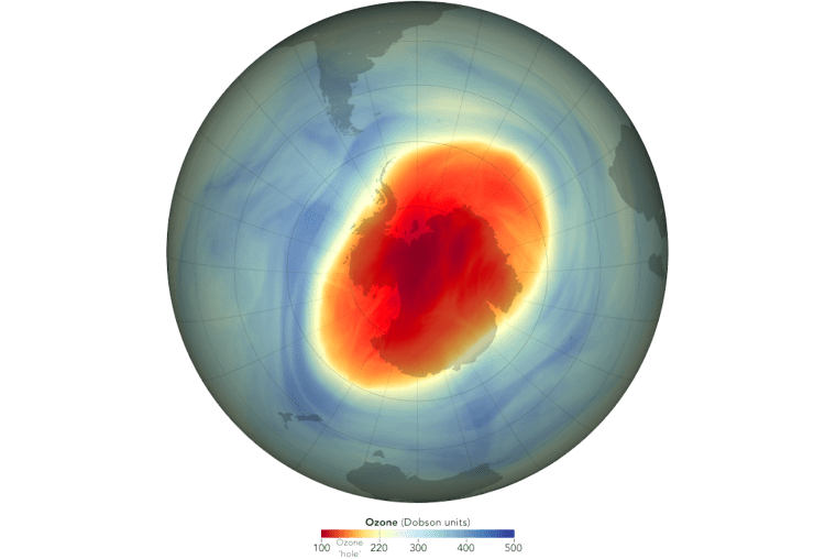 This map shows the size and shape of the ozone hole over the South Pole on Oct. 5, 2022, when it reached its single-day maximum extent for the year.