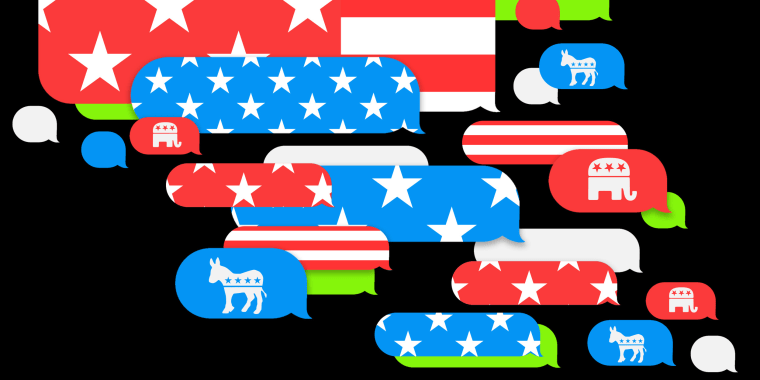 Illustration: Text message bubbles coming up from the bottom right corner with stars, stripes and the Democratic and Republican party symbols.