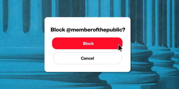 Photo illustration of a pop up window reading "Block @memberofthepublic?" with a red "Block" and white "cancel" button against a background of blue Supreme Court columns. 