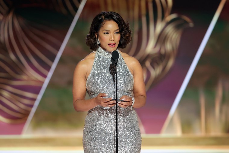 In this handout photo provided by NBCUniversal Media, LLC, Angela Bassett accepts the Best Supporting Actress in a Motion Picture award for "Black Panther: Wakanda Forever" onstage during the 80th Annual Golden Globe Awards at The Beverly Hilton on January 10, 2023 in Beverly Hills, California.