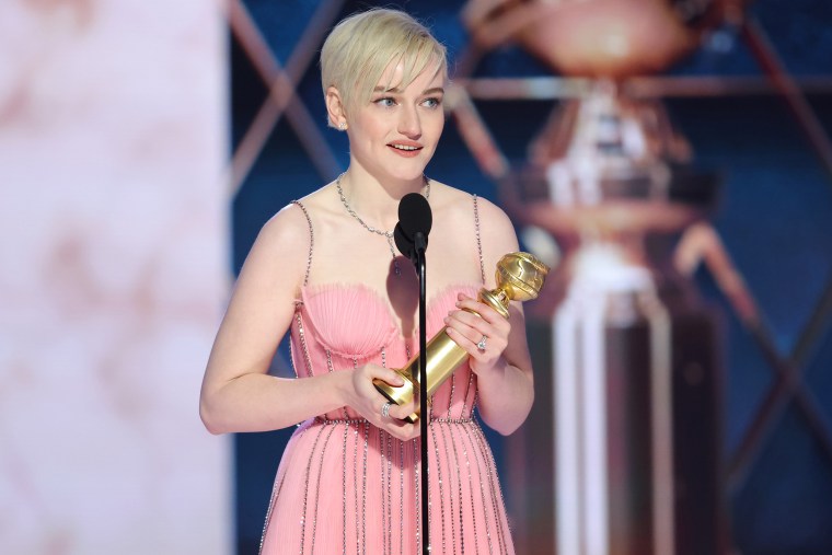 BEVERLY HILLS, CALIFORNIA - JANUARY 10:  In this handout photo provided by NBCUniversal Media, LLC, Julia Garner accepts the Best Supporting Actress in a Television Series  Musical-Comedy or Drama award for "Ozark"  onstage during the 80th Annual Golden Globe Awards at The Beverly Hilton on January 10, 2023 in Beverly Hills, California.
