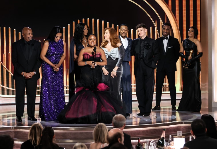 Quinta Brunson and cast of "Abbott Elementary" accept the Best Television Series - Musical or Comedy award at the 80th Annual Golden Globe Awards held at the Beverly Hilton Hotel on Jan. 10, 2023.