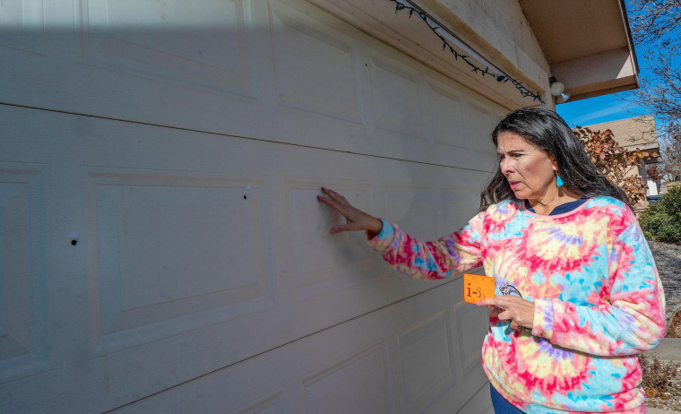 State Sen. Linda Lopez, D-Albuquerque, shows bullet holes in her garage door on Jan. 5, 2023, after her home was shot at.