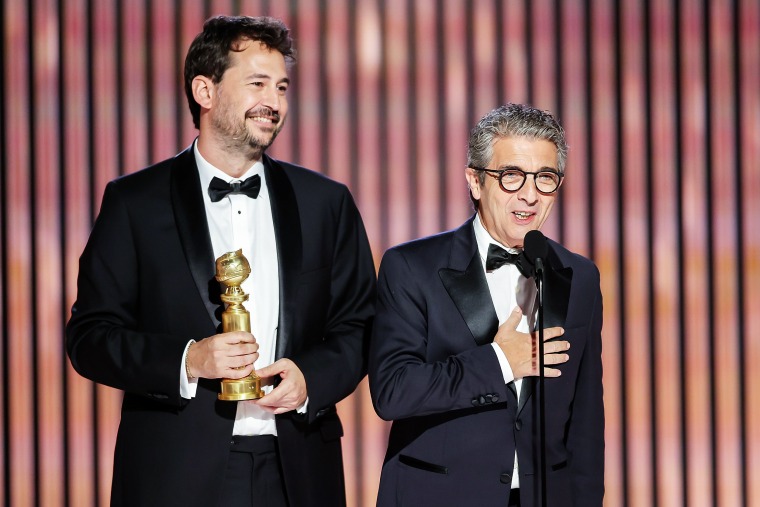 Image: Santiago Mitre and Ricardo DarÃ­n accept the Best Non-English Language Film award for "Argentina, 1985" onstage during the 80th Annual Golden Globe Awards at The Beverly Hilton on Jan. 10, 2023 in Beverly Hills, Calif.