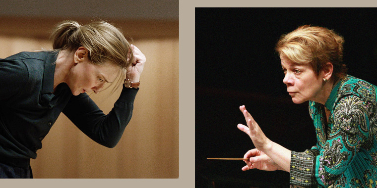 Cate Blanchett as Lydia Tár, in the movie "Tár," and Marin Alsop performing at London's Royal Albert Hall in 2012.