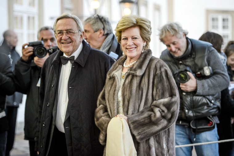 King Constantine II and Queen Anne-Marie arrive at Fredensborg Castle in Fredensborg Denmark to a dinner given to celebrate the 75th birthday of Queen Margrthe II of Denmark on thursday april 16th. 2015.