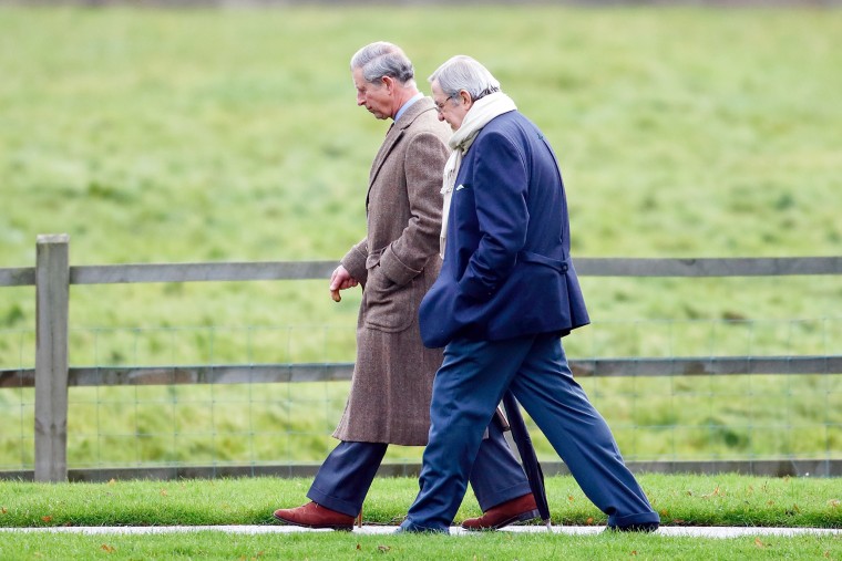 Prince Charles, Prince of Wales and King Constantine II of Greece attend Sunday service at the Church of St Mary Magdalene on the Sandringham estate on December 9, 2007 in King's Lynn, England.