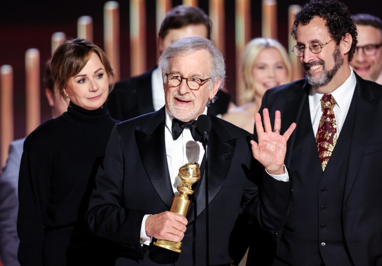 Steven Spielberg accepts the Best Motion Picture – Drama award for "The Fabelmans" at the 80th Annual Golden Globe Awards held at the Beverly Hilton Hotel on Jan. 10, 2023.
